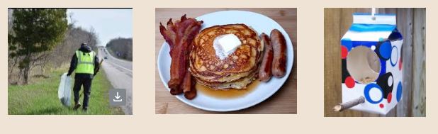 Highway clean up, pancake meal, carton bird feeder images
