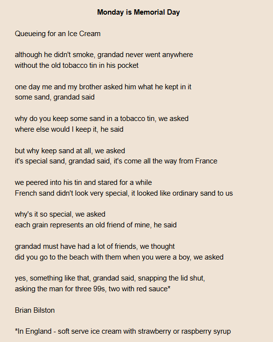 Poem entitled Monday is Memorial Day by Brian Bilston