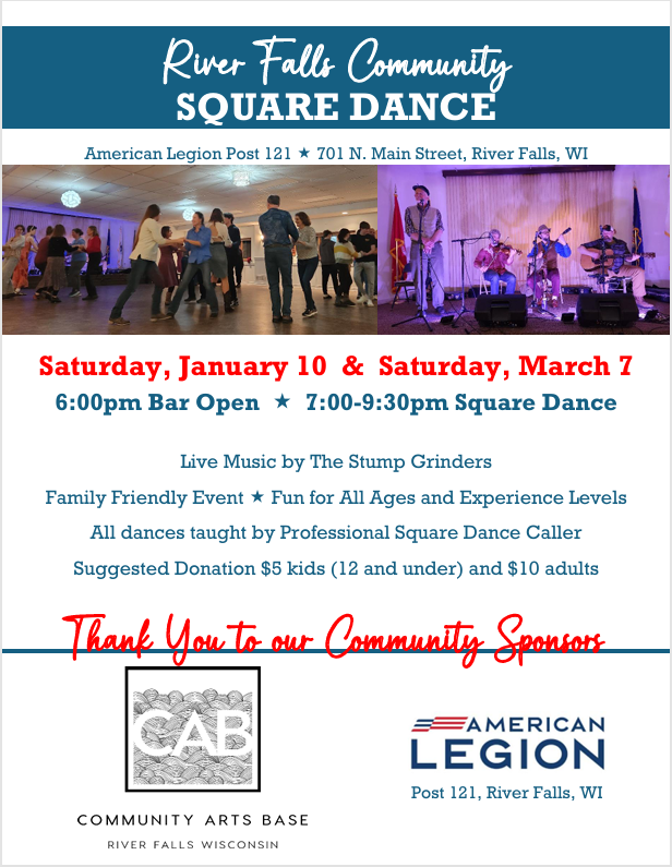 Flyer promoting River Falls Community Square Dance at the River Falls American Legion January 10 and March 7, 2026 from 7-9:30 PM.