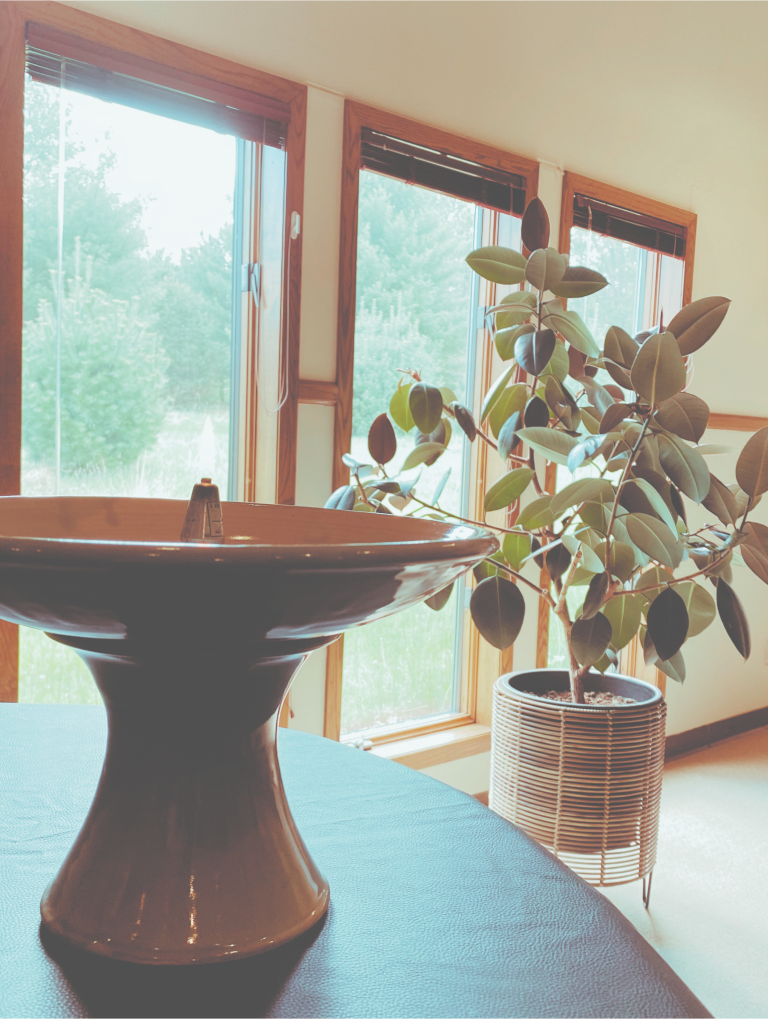An oil candle with a ceramic base in front of the church windows with a rubber tree plant.