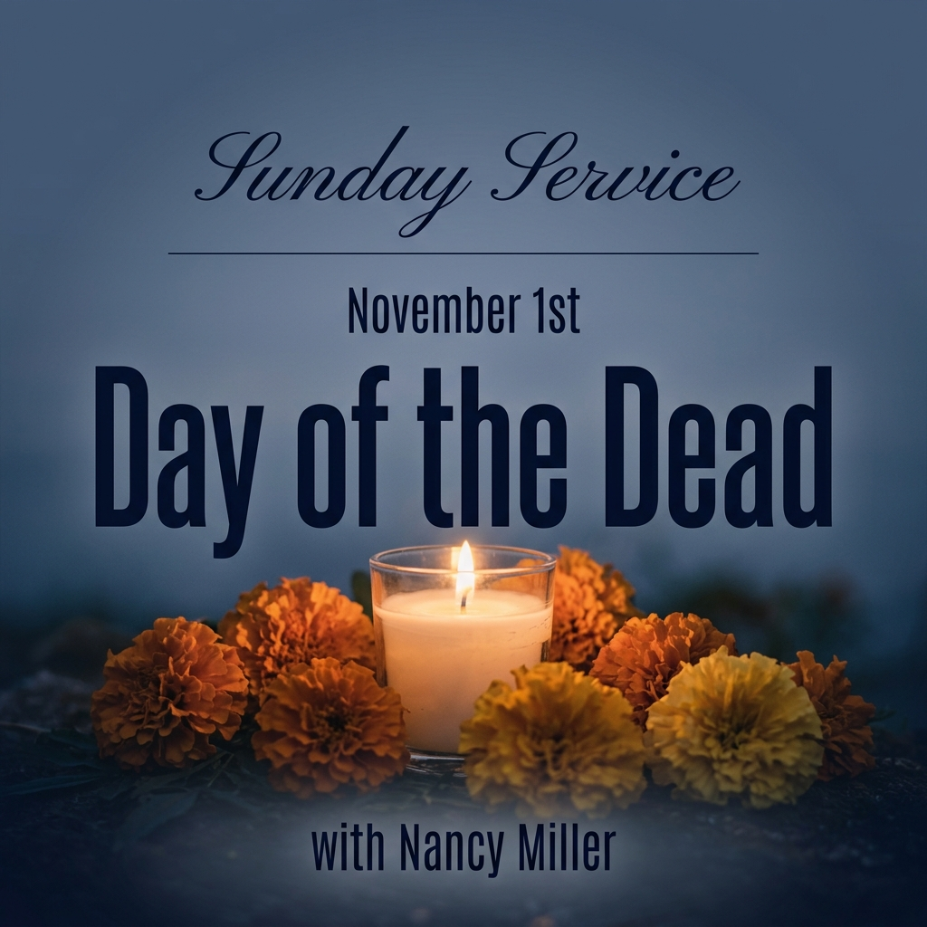 A candle glows beside warm-colored flowers against a muted blue background. The graphic reads “Sunday Service,” “November 1,” “Day of the Dead,” and “Nancy Miller.”
